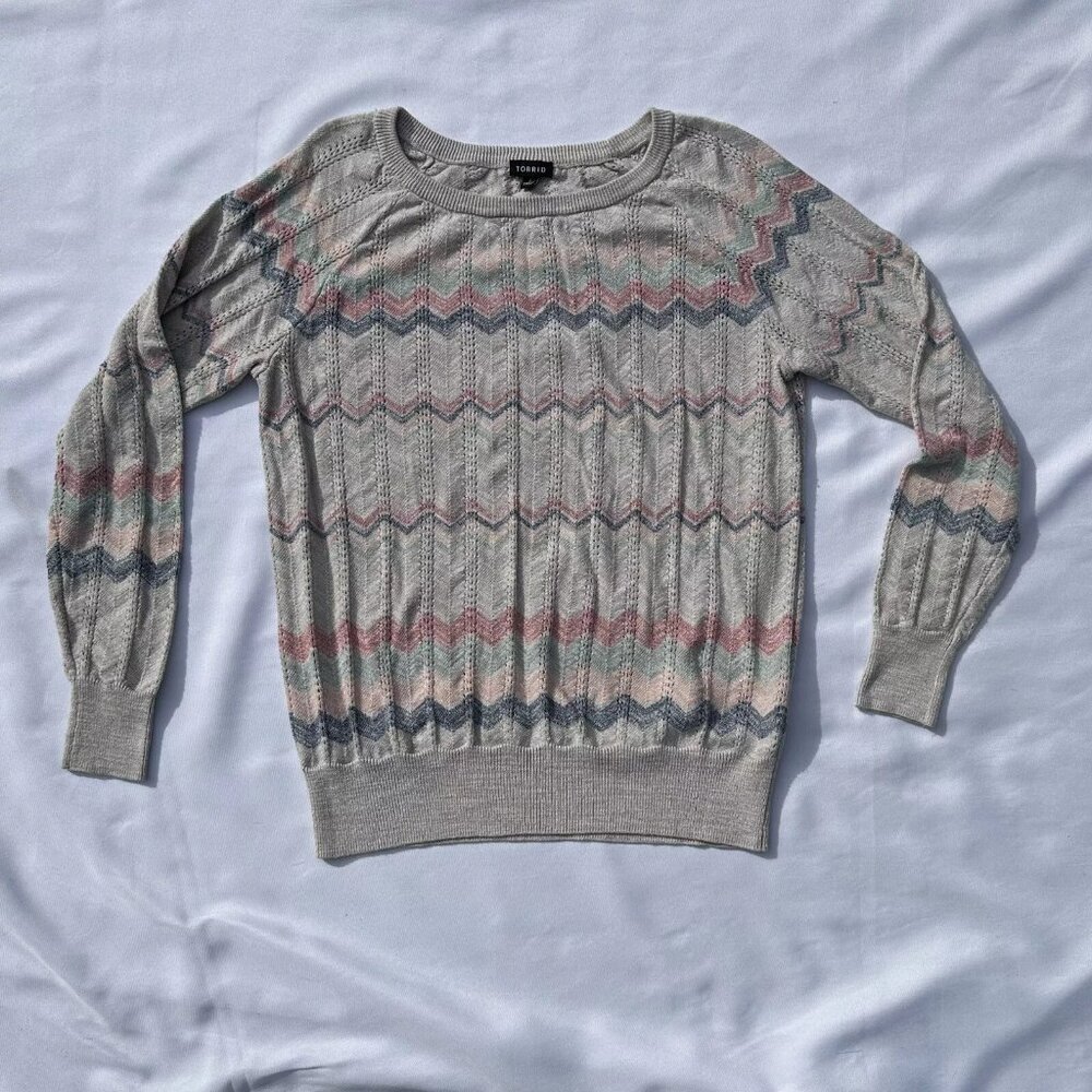 TORRID Pointelle Light Weight Knit Cotton Sweater Cream Pink Chevron Detail Sz 1